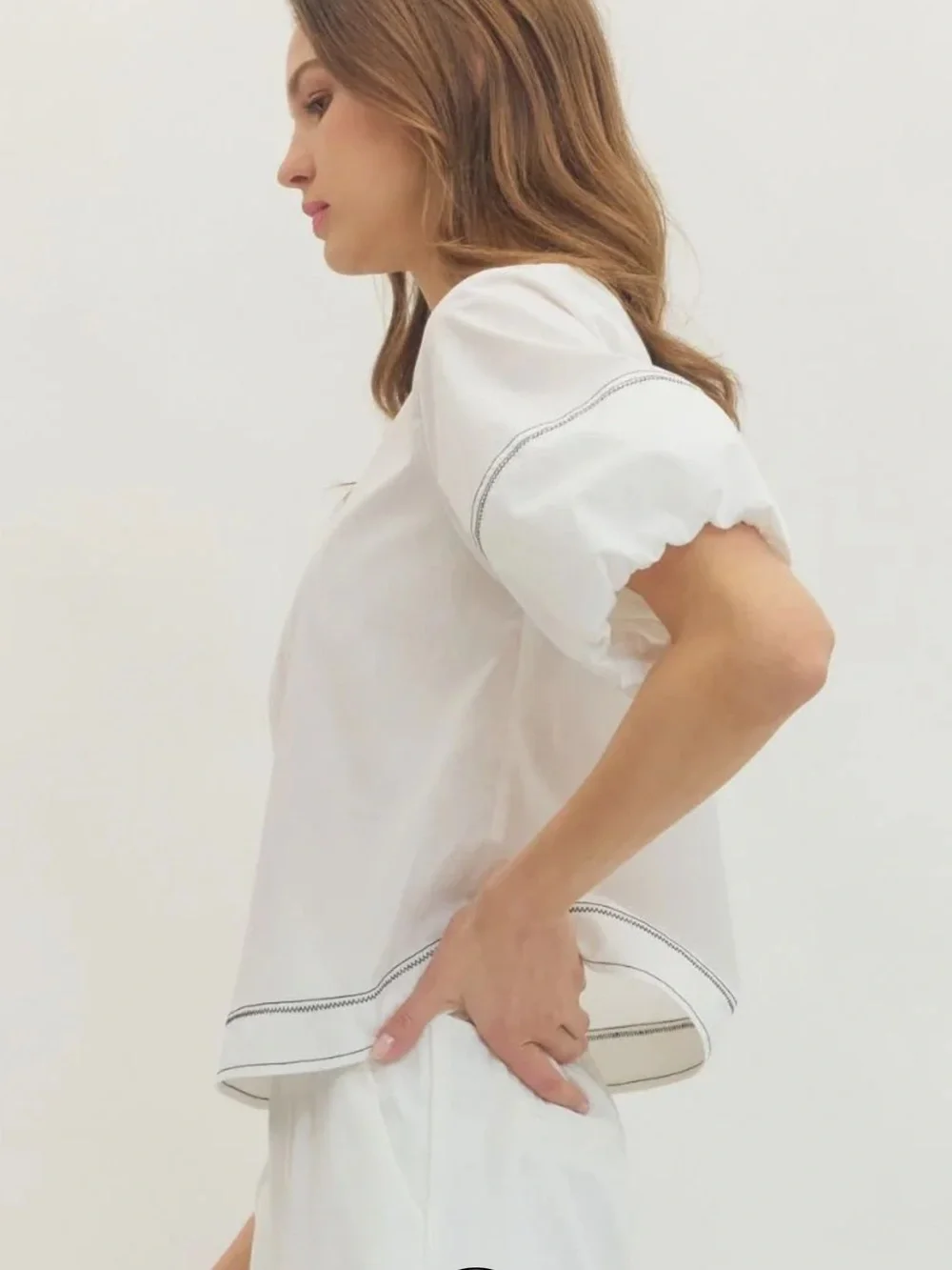 Zara White Puff Sleeve Blouse with Contrast Stitching